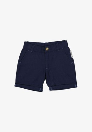Navyblå linnedshorts med rullet kant, der har en frontknaplukning og to sidelommer. Enkle stikninger tilføjer detaljer.