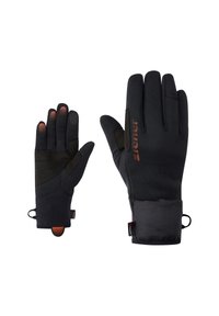 Schwarze Handschuhe mit strukturiertem Äußeren, gepolstertem Handflächenbereich und verstellbarem Handgelenksbund. Beinhaltet Touchscreen-Spitzen und ein Logo in Orange.