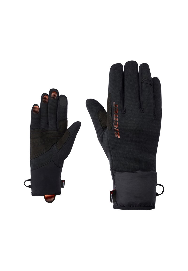 Schwarze Handschuhe mit strukturiertem Äußeren, gepolstertem Handflächenbereich und verstellbarem Handgelenksbund. Beinhaltet Touchscreen-Spitzen und ein Logo in Orange.