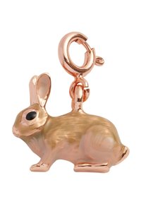Ett roséguldpläterat kaninhängsmycke med en glänsande, slät yta, svarta ögon och detaljerad formgivning av öron och kropp.