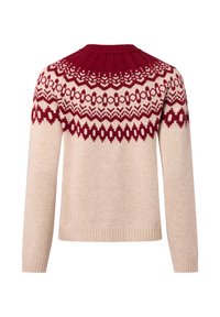 Beige gestrickter Pullover mit einer burgunderfarbenen Mustereinfügung am Schulterbereich, rundem Halsausschnitt und gerippten Bündchen. Das Design enthält geometrische Akzente im gesamten Pullover.