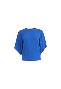 Blaues oversized Baumwolloberteil mit rundem Ausschnitt, Fledermausärmeln und geripptem Saum, mit einer Nahtdetails entlang des Rückens.