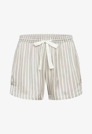 Pantaloni corti a righe grigie chiare con vita elasticizzata e un nastro bianco. Il tessuto è morbido, con righe verticali e due tasche laterali.