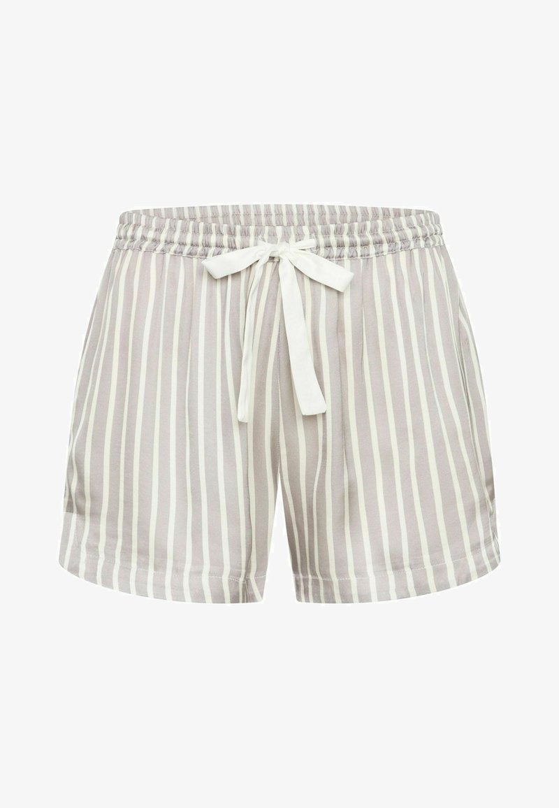 Light gray striped shorts with an elastic waistband and a white tie. The fabric is soft, featuring vertical stripes and two side pockets.