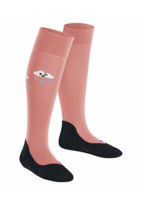 Kniestrümpfe in zartem Rosa mit Wolken- und Regen-Motiven. Schwarze Zehen- und Fersenbereiche, aus einem weichen Textil mit glatter Oberfläche.