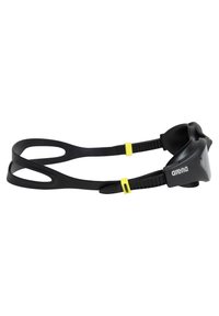 Zwemgoggles met een zwart siliconen frame, verstelbare banden en gele accenten. Voorzien van een gebogen lens voor verbeterde zichtbaarheid.
