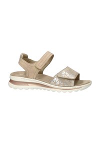 Beige sandal featuring a textured upper with a geometric metallic accent, adjustable strap, cushioned footbed, and a soft white sole.