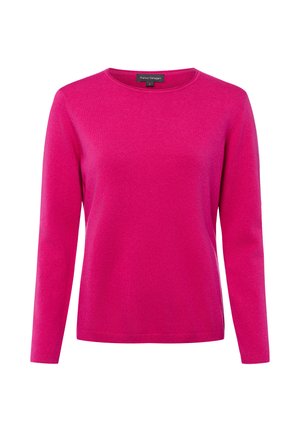 Maglione a maniche lunghe girocollo di colore rosa acceso, con silhouette aderente e una piccola etichetta del marchio sul collo.