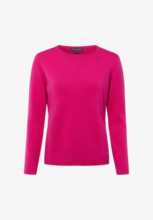 Solider, leuchtend pinker Pullover mit Rundhalsausschnitt und langen Ärmeln, schmal geschnitten mit einem kleinen Markenlabel am Halsausschnitt.