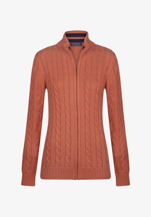 Kabelgestrickter Zip-Up-Pullover in rostorange mit hohem Kragen und gerippten Bündchen. Hat ein strukturiertes Design und einen glatten Reißverschluss.