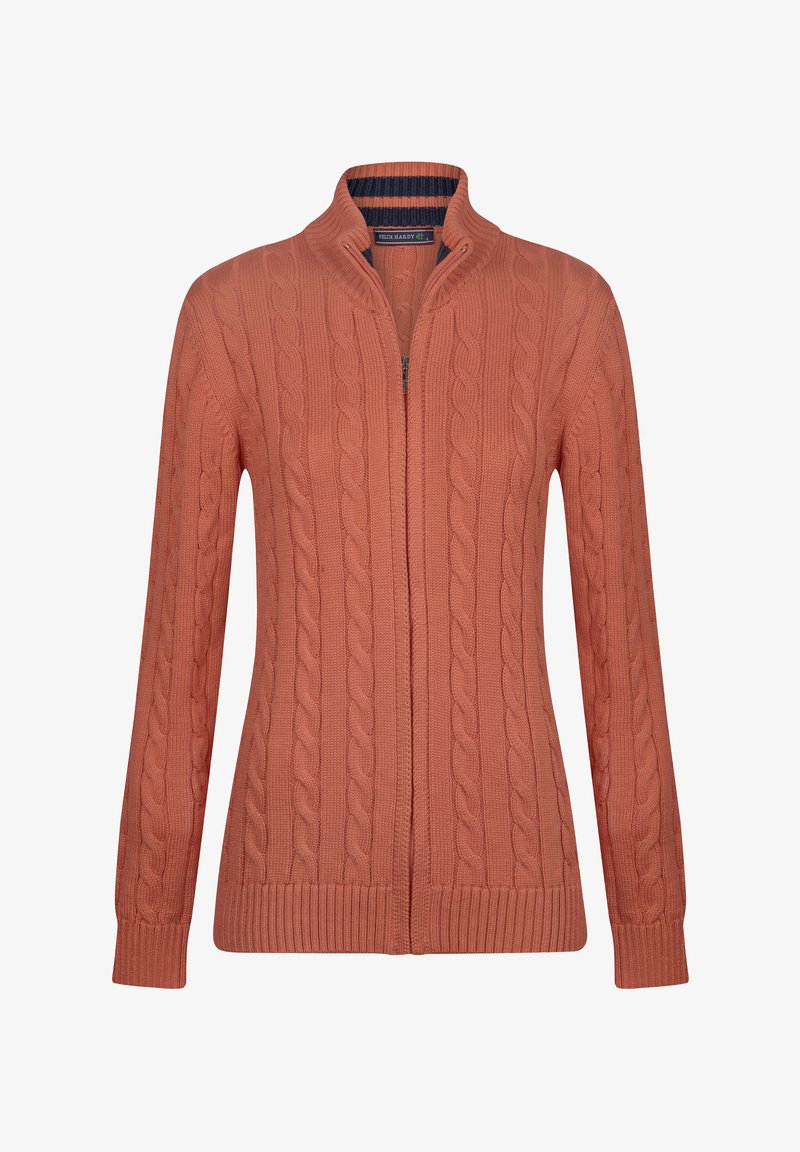 Kabelgestrickter Zip-Up-Pullover in rostorange mit hohem Kragen und gerippten Bündchen. Hat ein strukturiertes Design und einen glatten Reißverschluss.