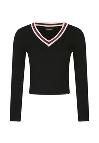 Maglia nera a costine con maniche lunghe e scollo a V, caratterizzata da una striscia bianca e bordeaux a contrasto lungo il colletto. Design corto.