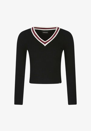 Haut noir à manches longues côtelé avec un col en V, présentant une bande contrastante blanche et bordeaux le long du décolleté. Design cropped.