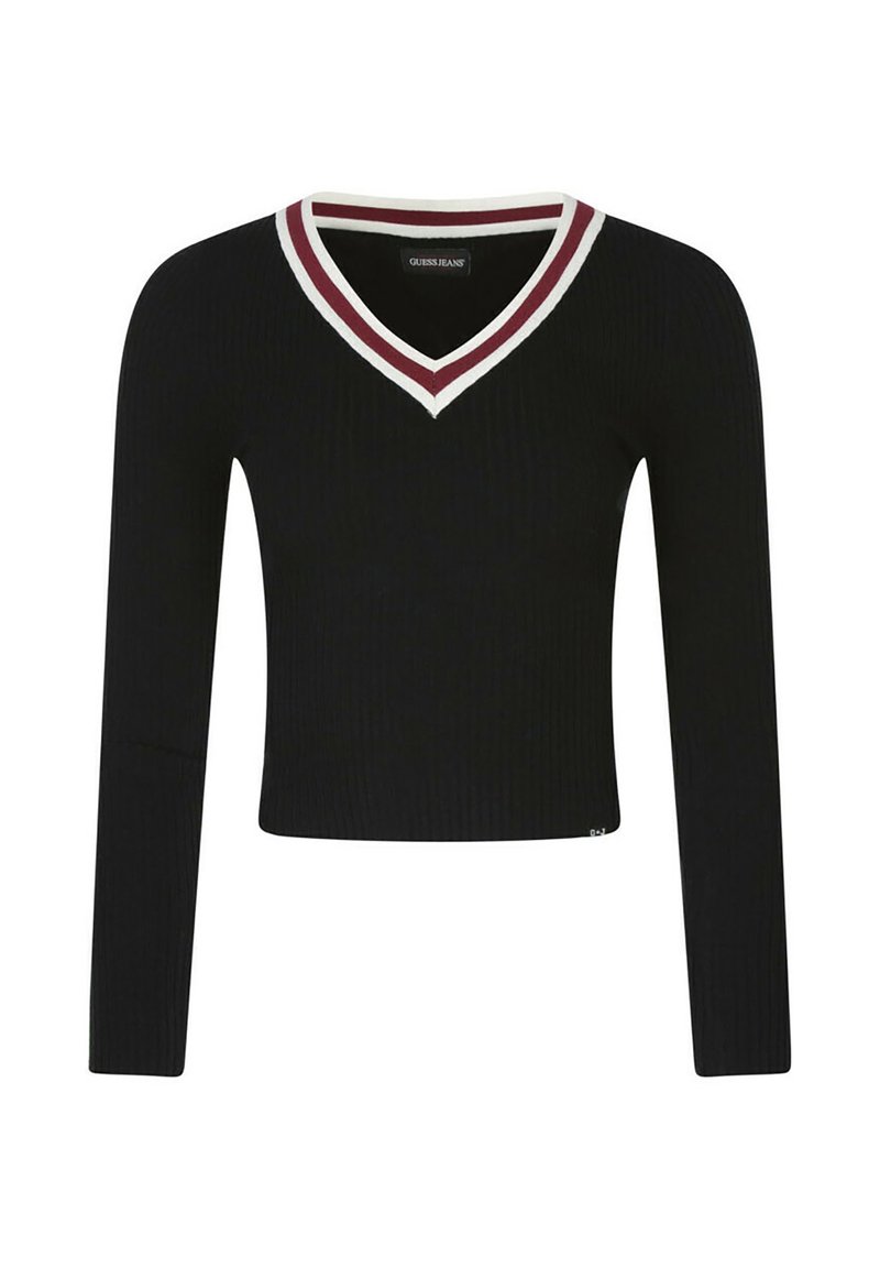 Maglia nera a costine con maniche lunghe e scollo a V, caratterizzata da una striscia bianca e bordeaux a contrasto lungo il colletto. Design corto.