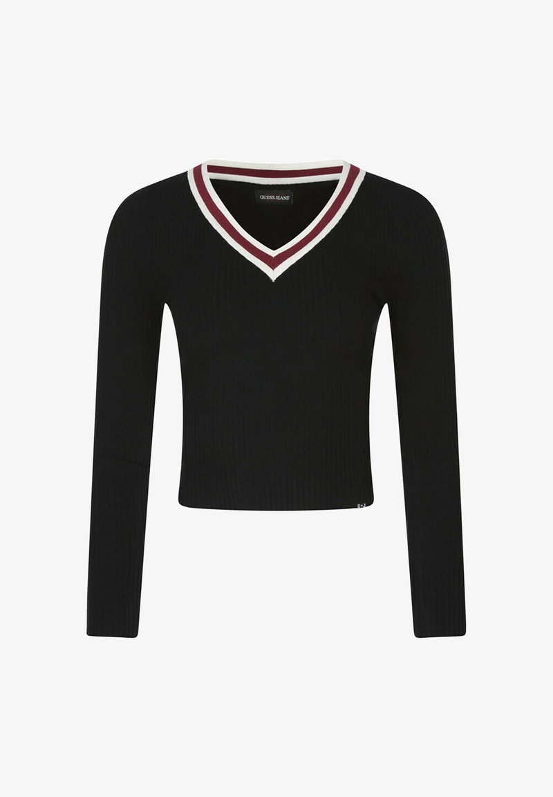Maglia nera a costine con maniche lunghe e scollo a V, caratterizzata da una striscia bianca e bordeaux a contrasto lungo il colletto. Design corto.