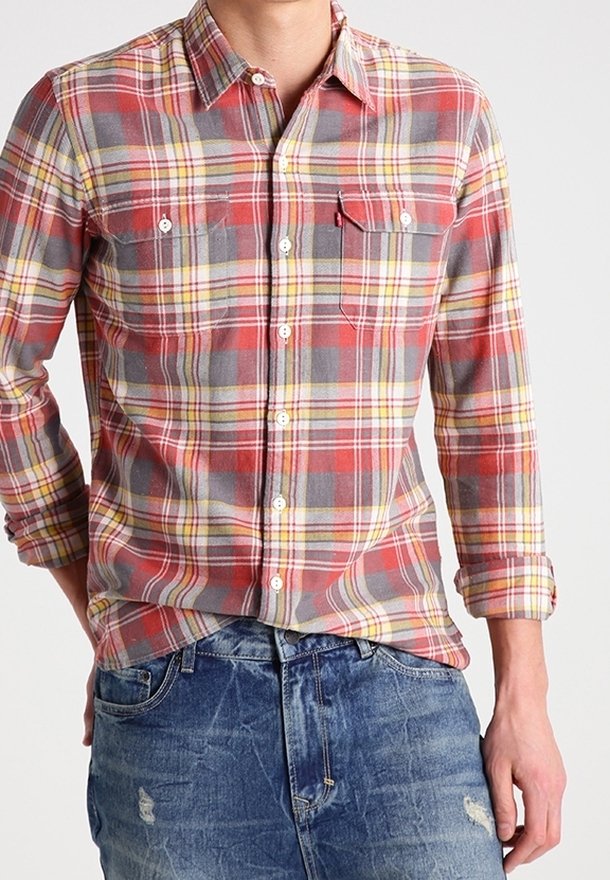 Camicia di flanella a quadri rossa, grigia e gialla con maniche lunghe, colletto a bottoni, due tasche sul petto e orlo arrotondato. Indossata sopra dei jeans di denim.