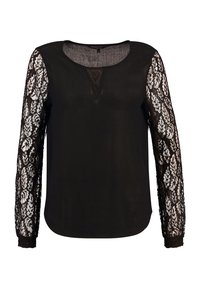 Schwarze Bluse mit langen spitzen Ärmeln. Rundhalsausschnitt und durchsichtige Spitze an den Ärmeln, weicher Stoff und lockere Passform. Texturiertes Spitzenmuster.