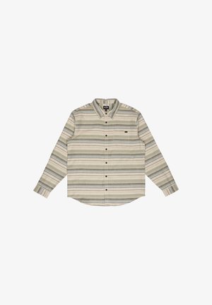 Košeľa s dlhým rukávom na gombíky s horizontálnymi pruhmi v zelenej, béžovej a modrej farbe. Vyrobená z bavlny, s náprsným vreckom a hnedými gombíkmi.