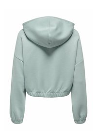 Kuttet hettegenser i lys mintgrønn, med hette, senke skuldre og elastisk midje og mansjetter i et mykt materiale.