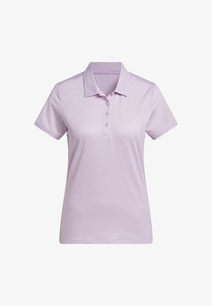 Ljubičasta prugasta polo majica s ovratnikom i kratkim rukavima, koja ima pet dugmadi i glatki, lagani materijal.