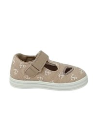 Scarpa beige per bambini con motivi ad ancora, tomaia in tessuto, ritagli sui lati e cinturino in Velcro regolabile; suola in gomma bianca.