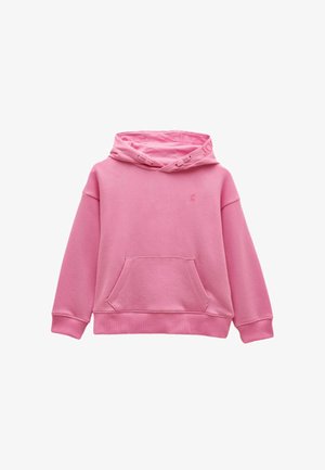 Rožinis džemperis su gaubtu, priekyje kanguros tipo kišenė, ribbed rankogaliai ir apačia, bei kapišono raišteliai.