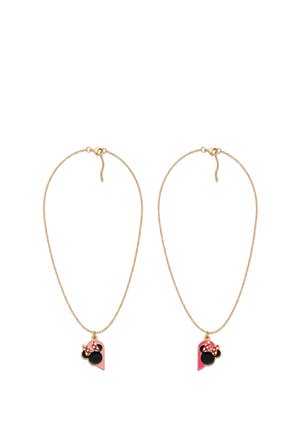 Zwei goldene Ketten mit herzförmigen Anhängern, die einen schwarzen Minnie-Maus-Kopf und rosa Hintergründe zeigen, jeweils mit einer rot-weißen Schleife.