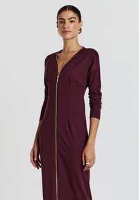 Bordeauxfarbene Langarmkleid mit tiefem V-Ausschnitt und Frontreißverschluss. Hat ein tailliertes Design und zwei seitliche Taschen. Weicher, glatter Stoff.