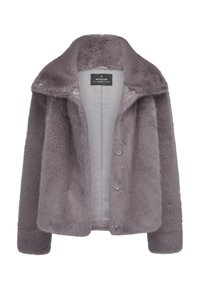 Grau Kunstfelljacke mit einem kragenförmigen Ausschnitt, vorderen Druckknopfverschlüssen und weicher Textur. Das Innere ist gefüttert und hat ein minimalistisches Design.