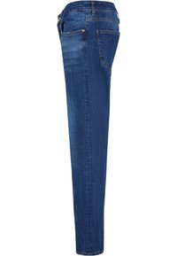Jean en denim bleu vu de côté avec poches avant et arrière visibles, passants de ceinture et coupe droite ajustée.