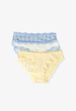 Trois sous-vêtements féminins ornés de dentelle : jaune, blanc avec bordure bleue et texte « bonjour », et bleu à rayures verticales avec bordure en dentelle.