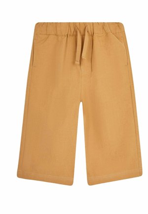 Hellbraune Shorts mit elastischem Bund und Kordelzug, ausgestattet mit zwei Seitentaschen und geradem Schnitt. Glatte Stofftextur.