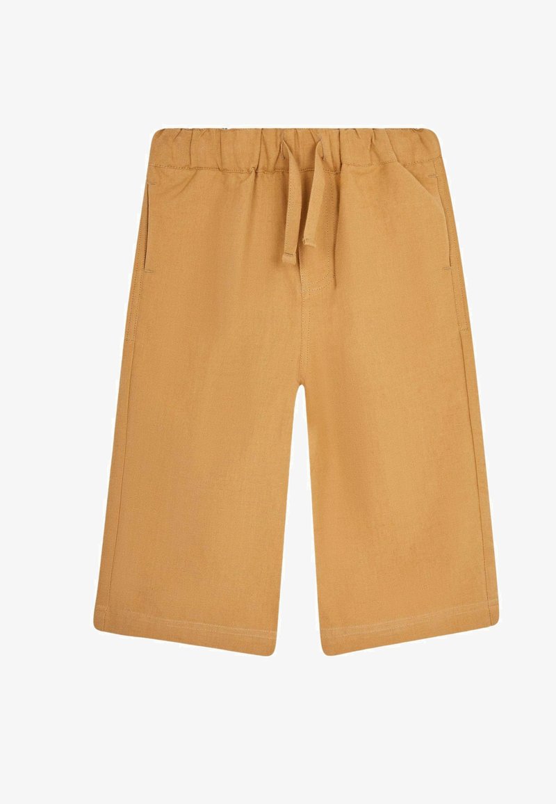 Šviesiai rudos šortai su elastinga juosta ir raišteliu, turintys dvi šonines kišenes ir tiesią klasikinę iškirptę. Lygi audinio tekstūra.