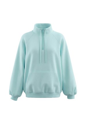 Hellblauer Pullover-Sweatshirt mit hohem Kragen, Front-Halbreißverschluss, Kängurutasche und langen, gepufften Ärmeln mit Bündchen.