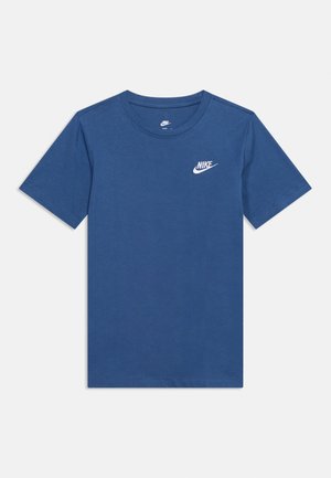 Blue short-sleeve crew neck Nike t-shirt with white Nike logo on the left chest, displayed on a plain light background.