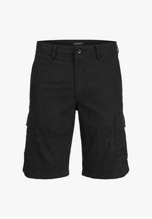Shorts cargo negri din bumbac. Prezintă multiple buzunare laterale, închidere cu buton, urechi pentru curea și un design cu picior drept. Textură netedă.
