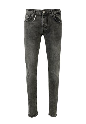 Slim-fit, graue Denim-Jeans mit fünf Taschen, einem Knopfverschluss und einem Metallring-Detail an der Vorderseite. Leicht distressed Textur.