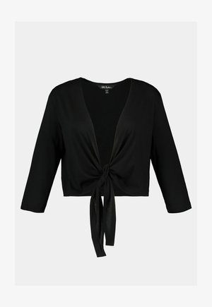 Zwart cropped blouse met lange mouwen en een sluiting aan de voorkant met een strik. Gemaakt van een gladde stof met een v-hals ontwerp en een losse fit.
