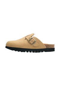 Tan suede clog with a rounded toe, adjustable buckle detail, cork midsole, and a thick black rubber sole with a wavy edge.