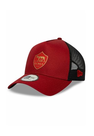 Red and black mesh baseball cap with AS Roma logo and "1927" on front, adjustable with New Era branded sticker on the brim.
