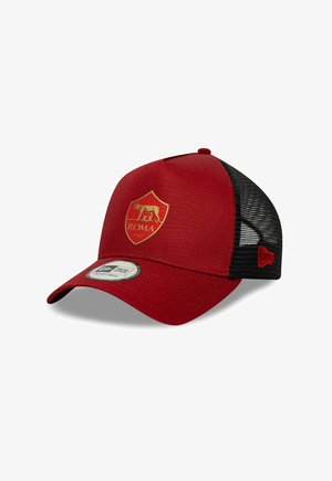Red and black mesh baseball cap with AS Roma logo and "1927" on front, adjustable with New Era branded sticker on the brim.