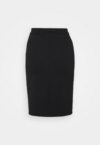 Falda lápiz negra con un diseño ajustado, textura suave y abertura trasera. Presenta una cinturilla con un sutil detalle de costura.
