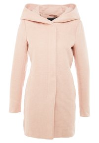 Cappotto cappuccio rosa chiaro con maniche lunghe, tessuto testurizzato e un design minimalista caratterizzato da chiusura frontale e dettagli delle cuciture sottili.