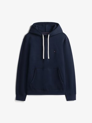 Temno modra kapuca iz blaga iz bombaža. Ima sprednji kenguru žep, kapuco z vrvico in majhen logotip na prsih.