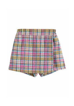 Karierte Shorts mit einem mehrfarbigen Karomuster in Rosa, Gelb und Blau. Kurze Länge, elastischer Bund und weiche Textur.