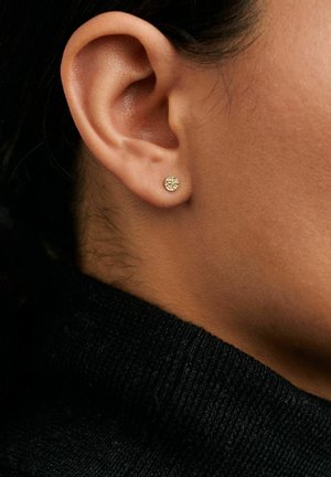 Detail ucha osoby, ktorá má na sebe malú textúrovanú zlatú náušnicu, tmavé vlasy a viditeľný čierny rolák