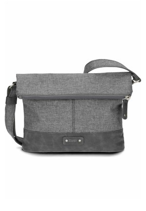 Gray fabric and faux leather crossbody bag with a front zipper pocket and adjustable shoulder strap, branded with "ZWEI" label.
