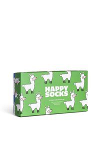 Grüner Geschenkkarton mit einem Muster aus weißen Cartoon-Lamas und dem Text "HAPPY SOCKS". Enthält drei Paar Socken für Erwachsene im Crew-Stil.