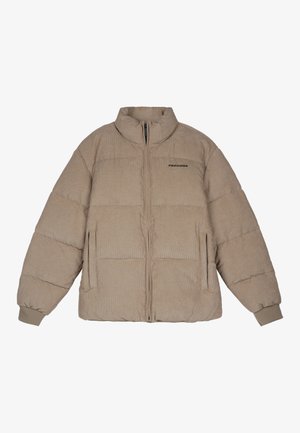 Beige corduroy puffer jacket with high neck, front zipper, and elastic cuffs. Features "PEGAADOR" logo in black on the chest and side pockets.