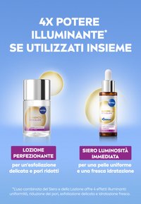 Duo NIVEA Luminous Skin Glow: bottiglia di lozione in vetro trasparente con tappo argento, 50 ml; bottiglia di siero ambra con contagocce, 30 ml; entrambi presentano accenti circolari.